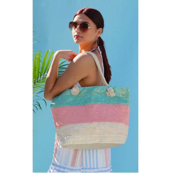 Handbags - SPARKLING COLOR BLOCK LARGE OVERSIZE BEACH TOTE BAG